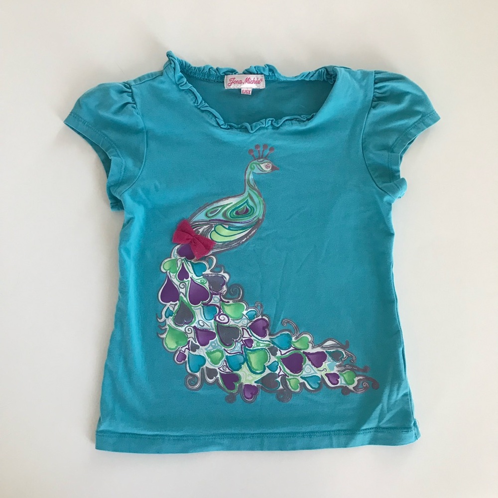 Size 6/6x Jona Michelle Turquoise Peacock Graphic Tee with Purple & Lime Accents